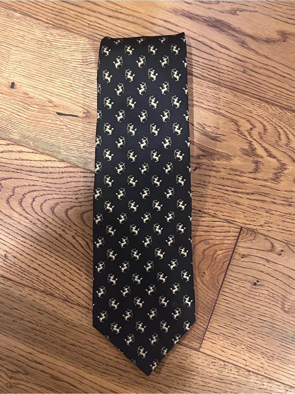 Classic Italian Silk Black Men's Tie with Gold  Centaur Motif